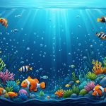 Conceptual illustration depicting an interconnected marine ecosystem with coral reefs, fish, and a coastal community, symbolizing the integration of ecological, social, and economic factors in marine pollution management.