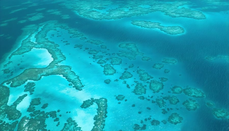 Bird's eye view of crystal clear waters, coral reefs, and marine protected areas in the Florida Keys