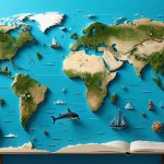 A conceptual illustration of Earth showcasing international maritime boundaries and zones, with icons symbolizing marine conservation and legal governance, emphasizing the role of international law in ocean protection.