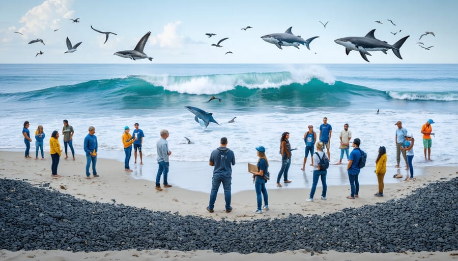 A diverse group of people including scientists, activists, and local community members working together on a beach, symbolizing global collaboration for ocean advocacy and conservation.