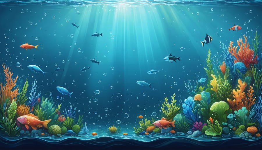 An illustrated depiction of sustainable seafood supply chains transformed by GSSI, featuring a healthy marine ecosystem and collaborating stakeholders like fishermen, businesses, and NGOs working together for sustainable practices.