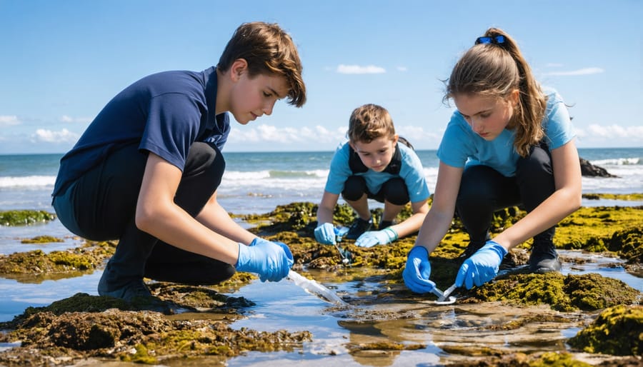 Marine biology students conducting field research at a coastal tide pool location