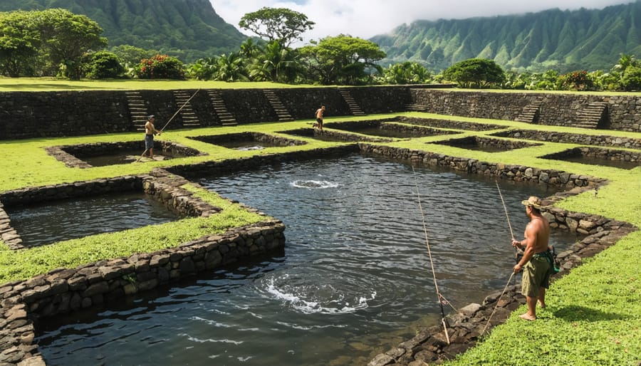 Ancient Hawaiian fish pond system with traditional stone walls extending into coastal waters