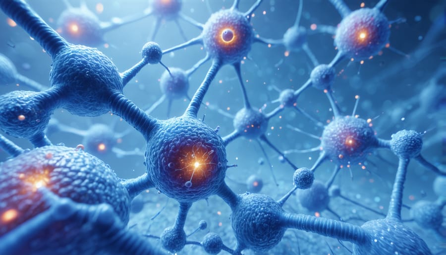 3D molecular visualization showing heat shock proteins protecting cellular components under stress