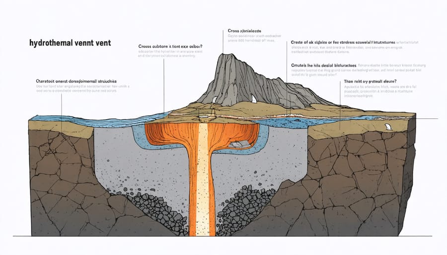 Detailed anatomical illustration of a deep-sea hydrothermal vent's structure, including magma chamber, chimney formation, and water circulation patterns