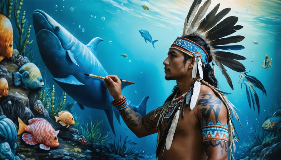 Indigenous artist painting ocean scenes using mixed media techniques on a large canvas