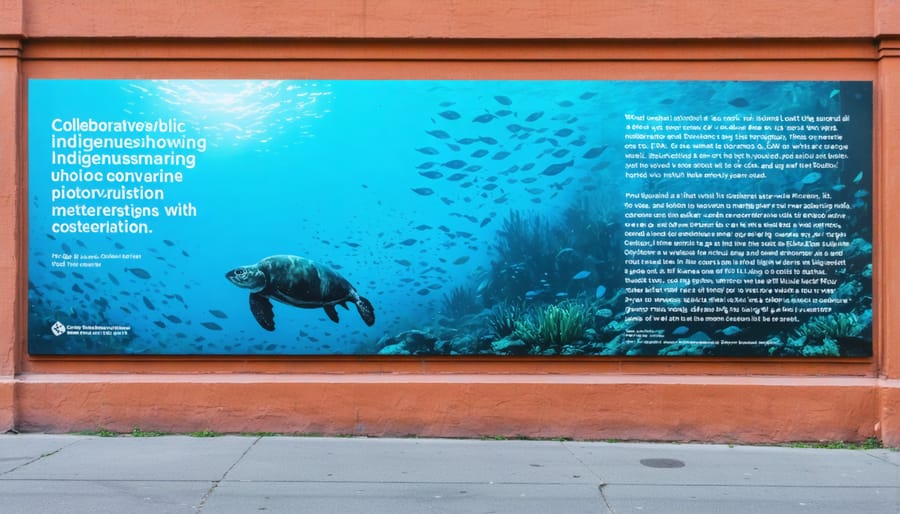 Large-scale public mural depicting traditional ocean spirits and endangered marine species