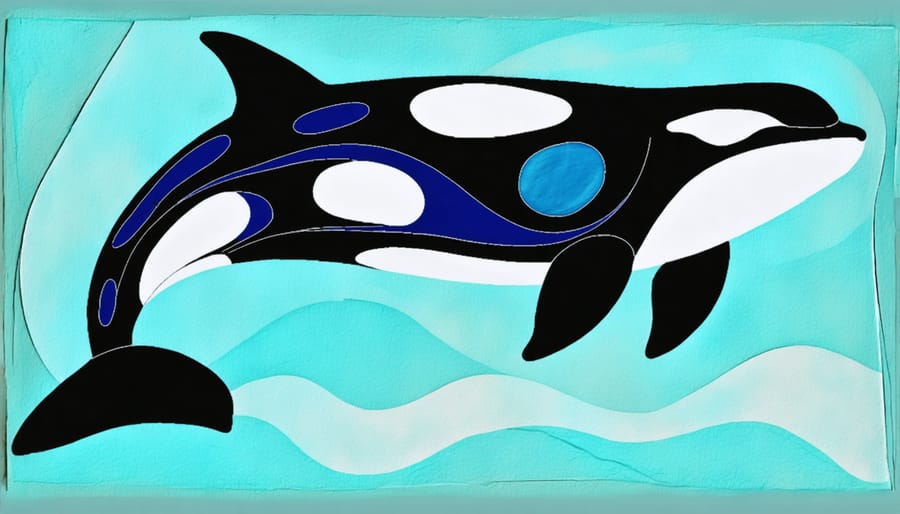 Traditional indigenous formline art showing stylized orcas and salmon in blue and black