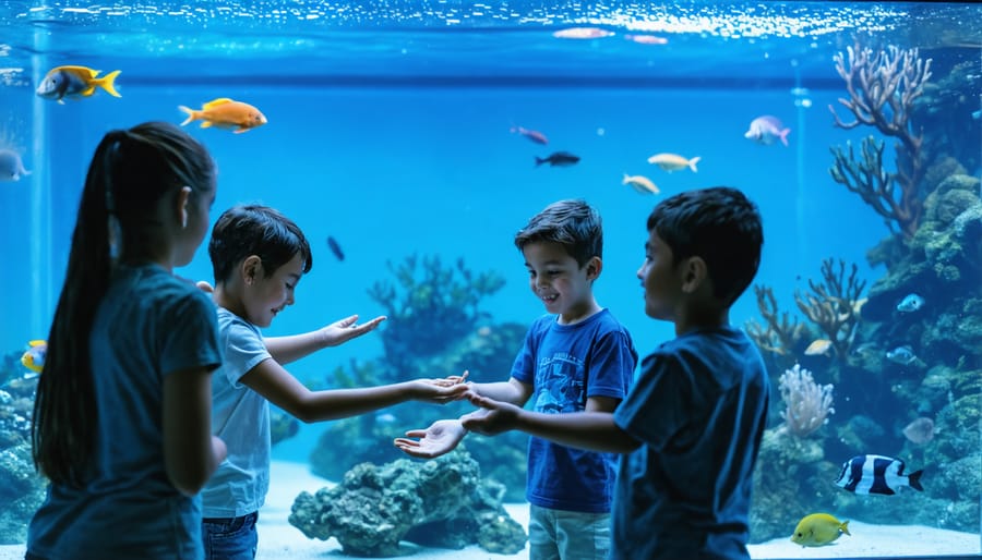 Children learning about marine life through an interactive touch tank exhibit with an educator guiding them