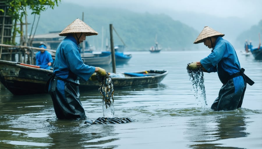 Japanese ama diver in traditional white garment collecting seafood from ocean floor