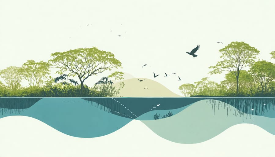 Visual representation of mangrove ecosystem services including coastal protection, carbon storage, and fishery support