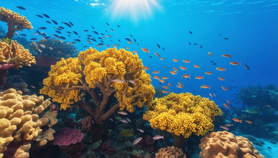 Vibrant coral reef showing rich marine biodiversity with colorful fish and coral formations