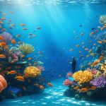 Underwater coral reef ecosystem teeming with diverse marine life, illustrating the economic value of marine biodiversity, with a marine scientist observing the scene.