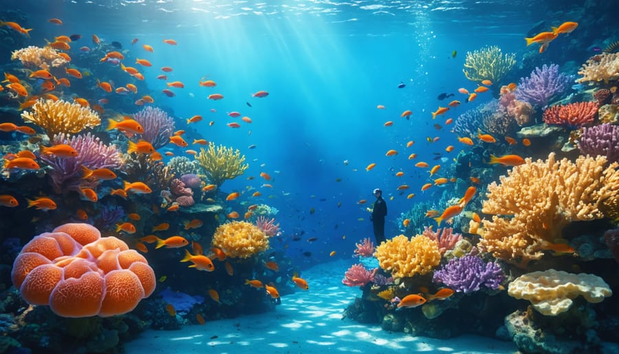 Underwater coral reef ecosystem teeming with diverse marine life, illustrating the economic value of marine biodiversity, with a marine scientist observing the scene.