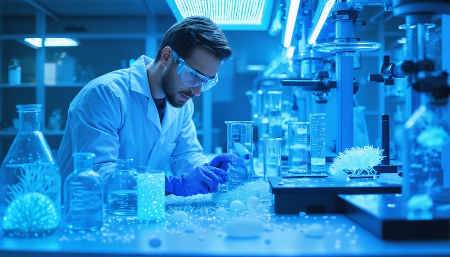 Researcher studying marine organisms for pharmaceutical applications in modern laboratory setting