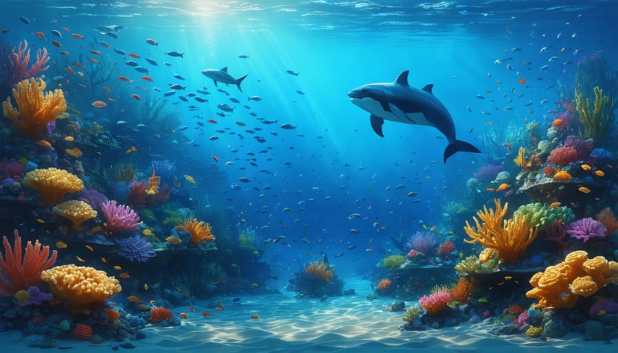 Diverse marine ecosystem depicting multiple species interacting in their natural habitat