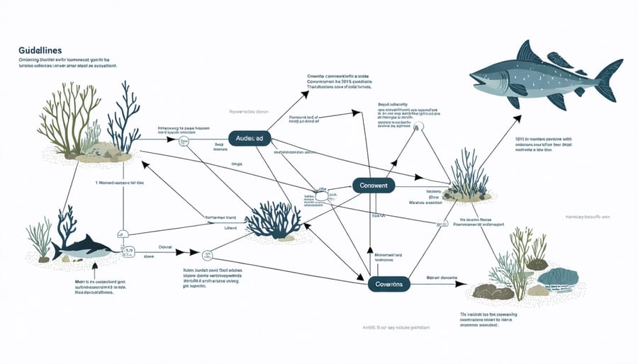 Diagram illustrating the connections between different marine ecosystem elements including coral reefs, fish populations, and water quality