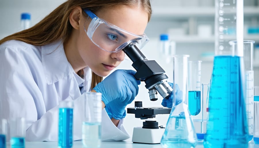 Marine science student conducting water quality analysis in a research laboratory