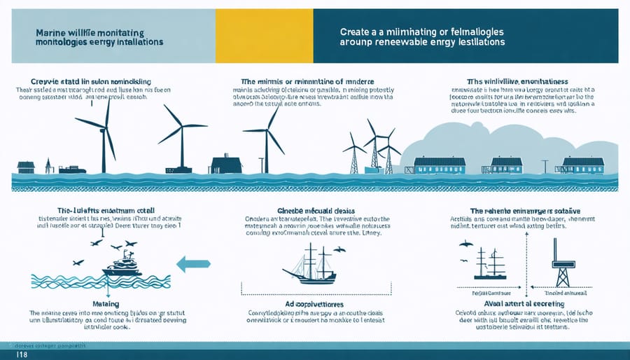 Diagram of various technologies used to monitor marine life around renewable energy installations, including sonar, cameras, and tracking devices
