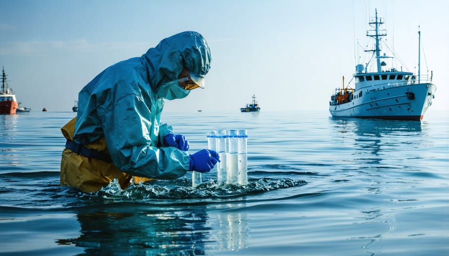 Marine researchers using advanced equipment to collect water samples and monitor pollution levels
