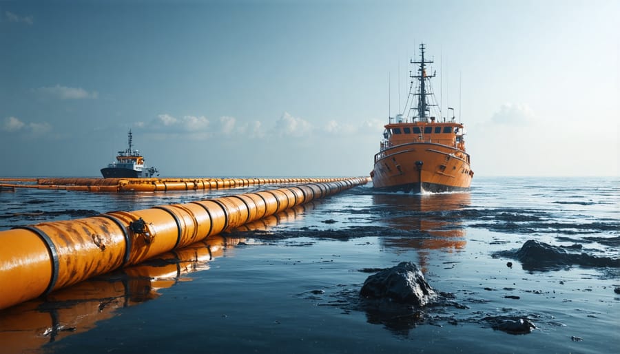 Marine response vessels deploying containment booms during an oil spill cleanup operation
