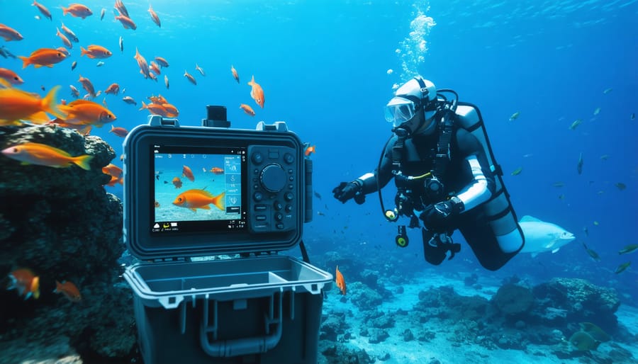 Researcher deploying advanced monitoring equipment to track marine species