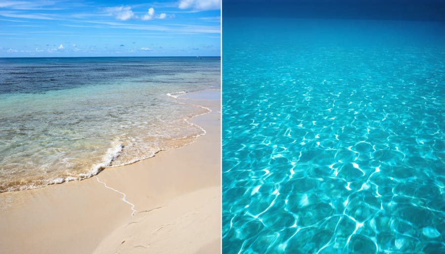 Side-by-side comparison of a thriving coral reef in a marine reserve versus a degraded reef outside protection