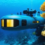 "Futuristic autonomous underwater vehicle exploring a vibrant coral reef, using advanced sensors and cameras to collect conservation data"