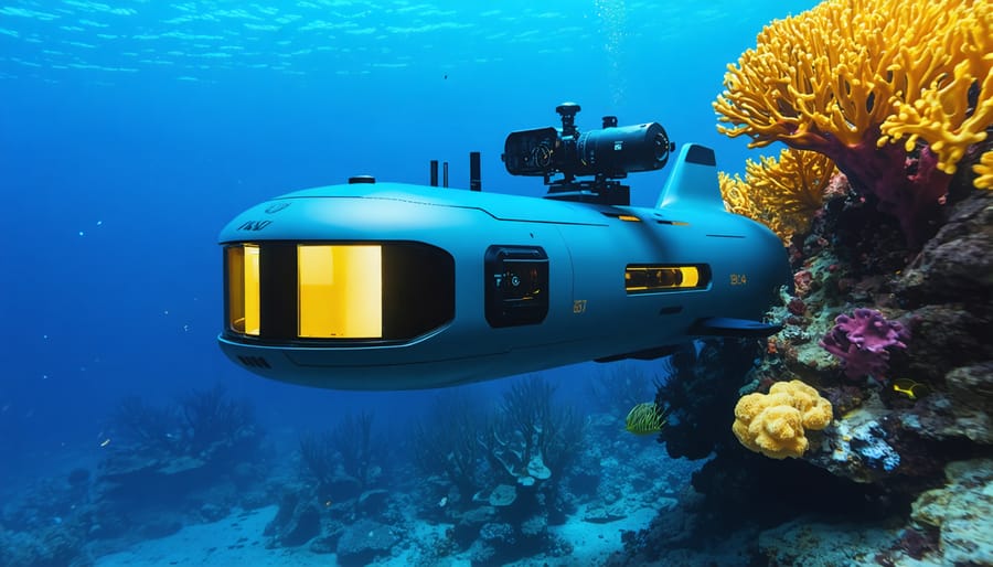 "Futuristic autonomous underwater vehicle exploring a vibrant coral reef, using advanced sensors and cameras to collect conservation data"
