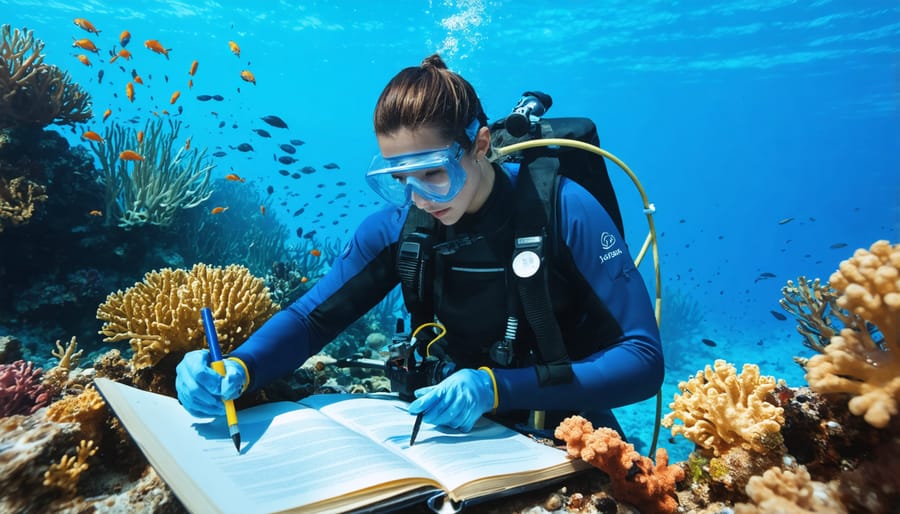 Scientists diving to collect marine data with underwater monitoring devices