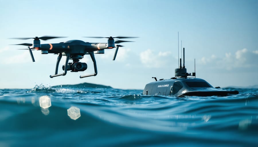 Modern marine surveillance technology including aerial drone and underwater robot