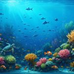 Underwater depiction of interconnected Marine Conservation Zones, featuring vibrant coral reefs, diverse marine life, kelp forests, and open ocean, illustrating the thriving ecosystems protected by these zones.