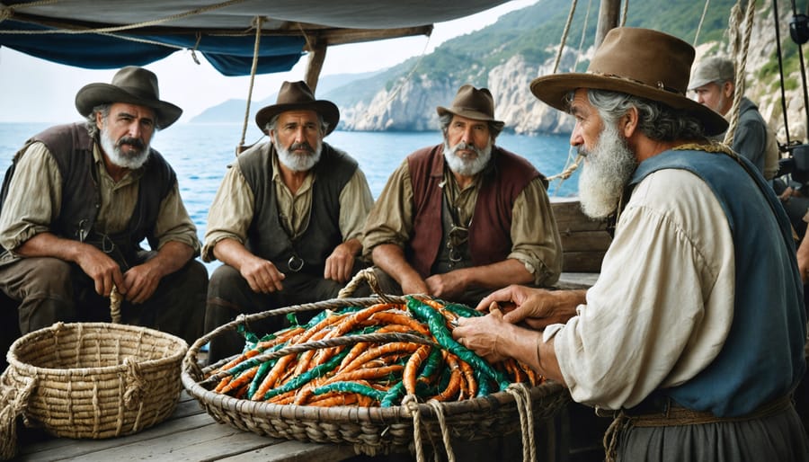 Vintage photograph of Mediterranean fishermen gathered in traditional guild meeting