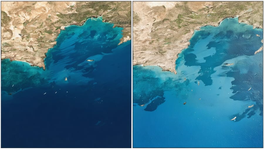 Comparison satellite images showing visible improvement in Mediterranean coastal water quality over time
