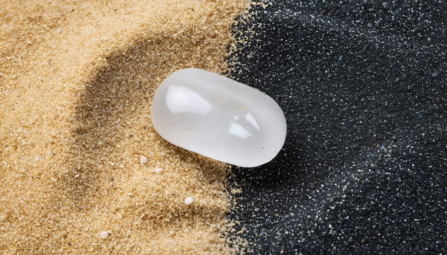 Magnified view of colorful microplastic particles next to a sand grain for scale comparison