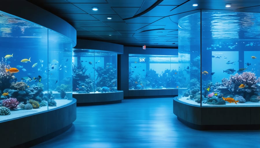 Interior view of a state-of-the-art marine education center with visitors engaging with digital displays and aquarium exhibits