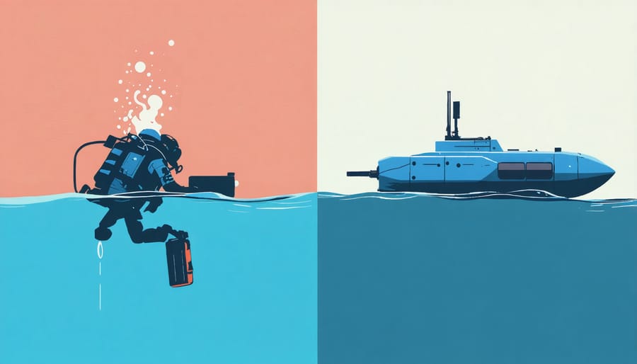 Split image comparing traditional marine monitoring methods with modern AI-powered solutions