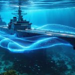 Futuristic naval vessel using AI technology to monitor and protect marine life, with holographic displays illustrating marine biodiversity and conservation data.