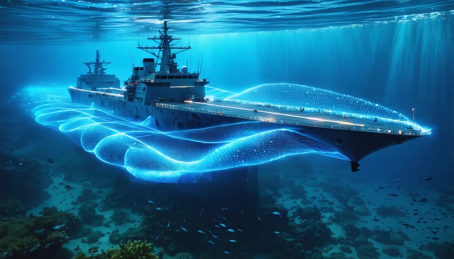 Futuristic naval vessel using AI technology to monitor and protect marine life, with holographic displays illustrating marine biodiversity and conservation data.
