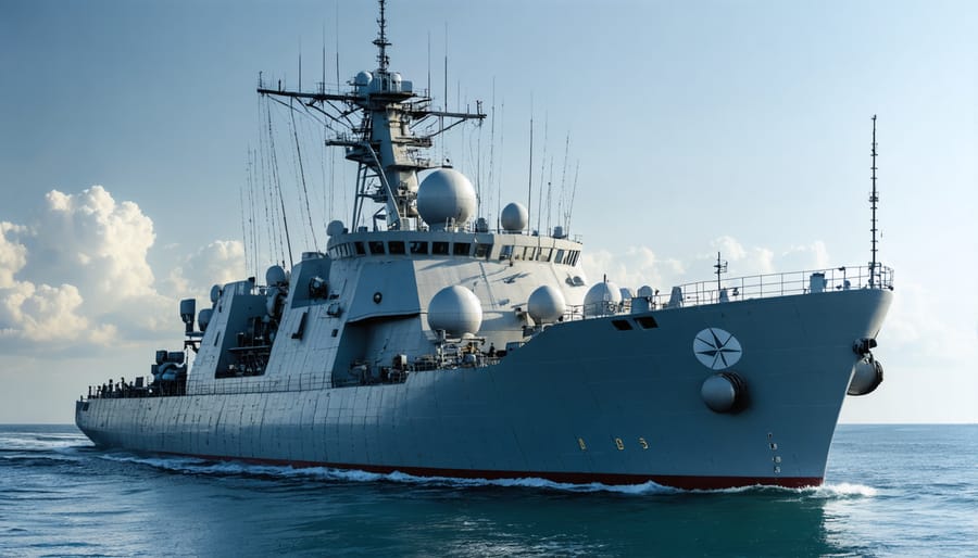 Modern research ship deploying underwater AI monitoring systems in the Mediterranean