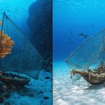 A split image showing the stark contrast between a healthy coral reef filled with diverse marine life and a barren, damaged seafloor caused by destructive fishing methods, represented by a trawling net or explosive.