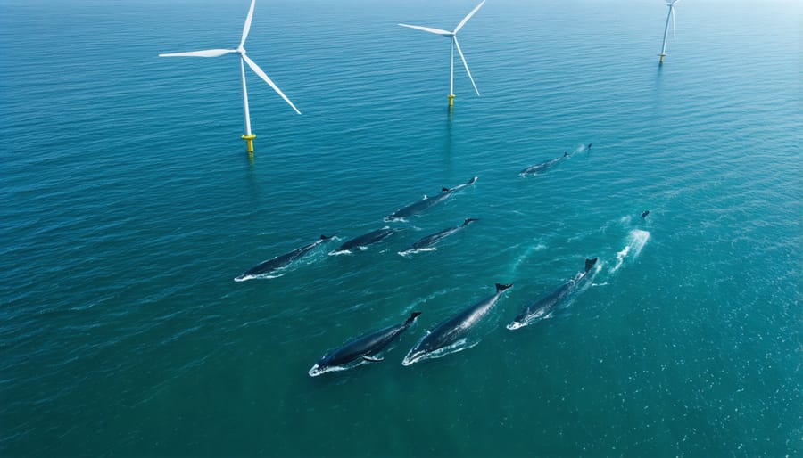 Offshore wind farm with humpback whales swimming nearby, showing scale and proximity of marine life to renewable energy installations