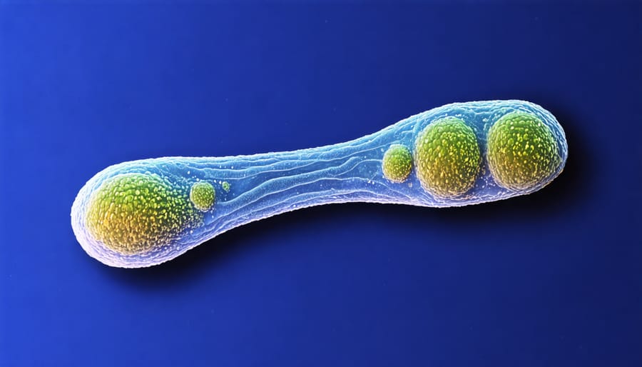 Microscopic view of marine bacteria breaking down oil droplets
