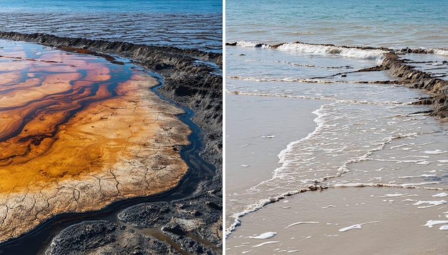 Comparison of marine area showing oil spill cleanup progress using bioremediation