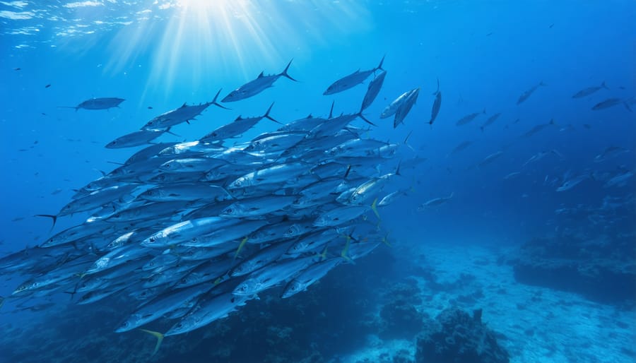 Schools of pelagic fish swimming in clear blue open ocean waters