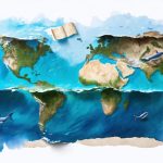 An abstract illustration showing a globe with joined hands around it, featuring marine symbols like whales and coral reefs, highlighting post-World War II marine conservation alliances.