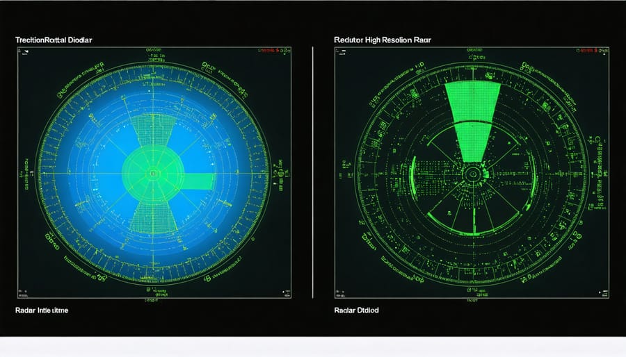 Split-screen comparison of traditional green radar display and modern detailed radar interface showing marine activity