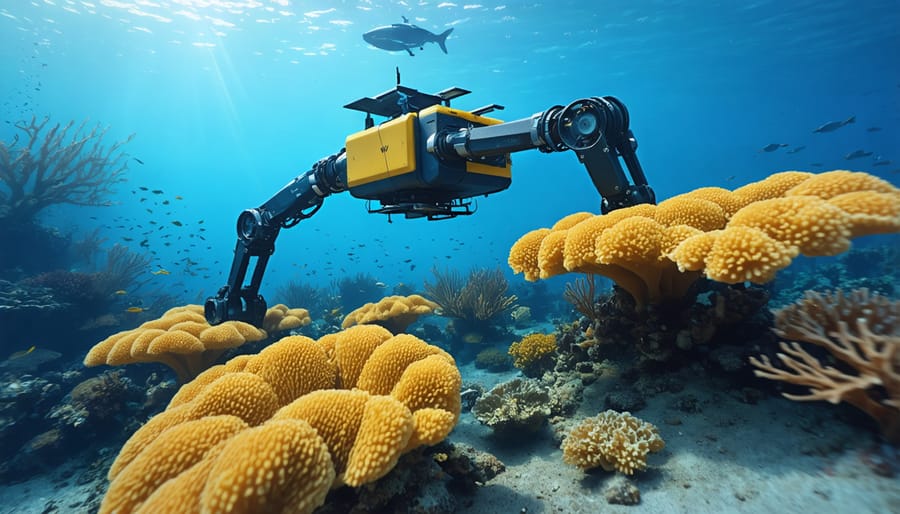 Remote Operated Vehicle conducting precise coral restoration work with mechanical manipulators