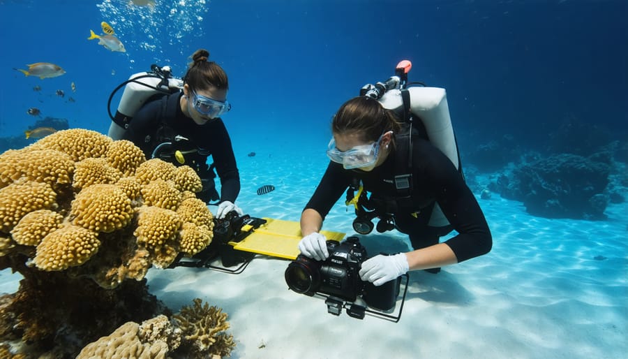 Marine researchers collecting data and monitoring coral reef ecosystem in a conservation zone
