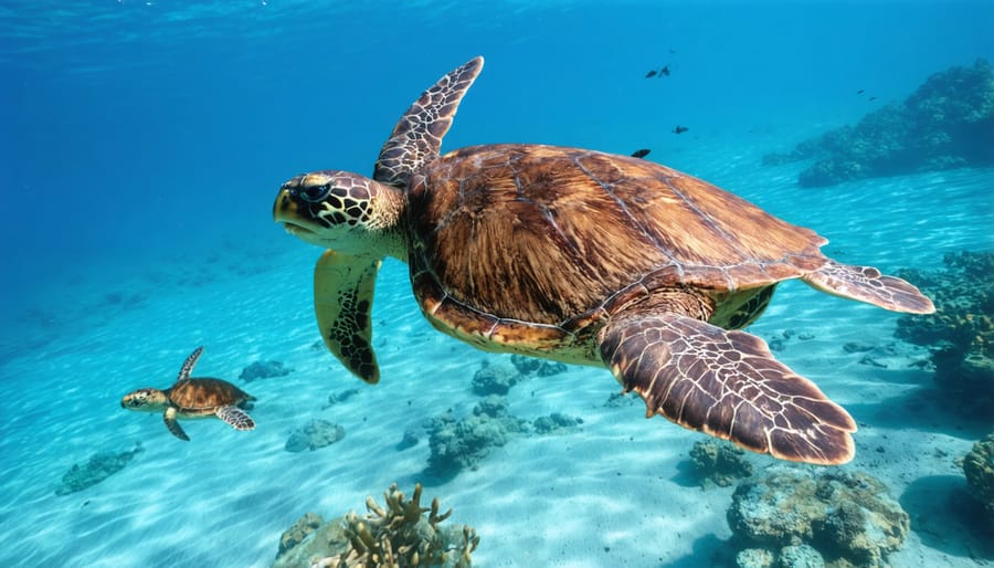 Multiple green sea turtles swimming in clear protected waters